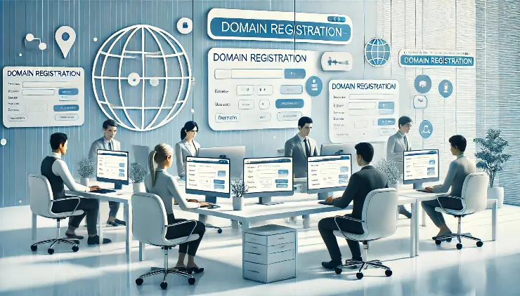Регистрация доменов Офис open space с людьми за компьютерами, на стене развешаны плакаты с надписями 'Domain Registration', отражающие процесс регистрации доменов.